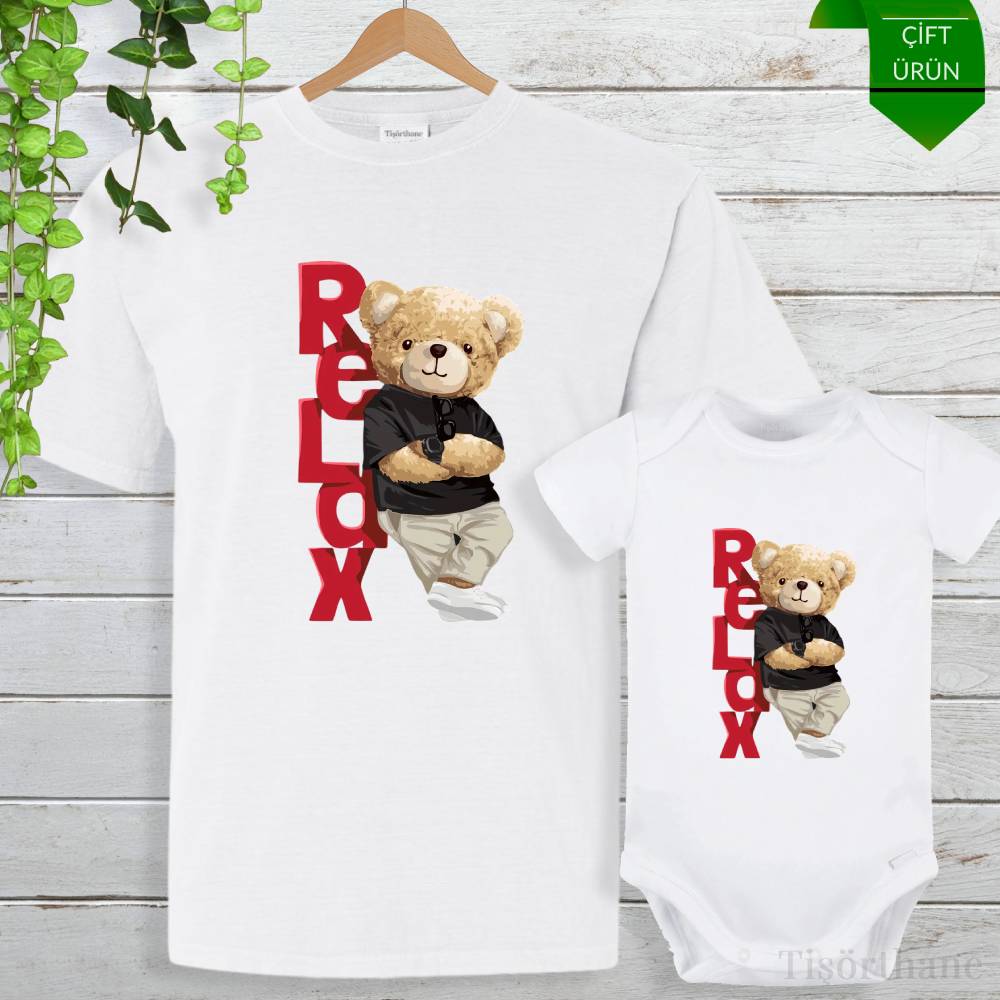 Relax Ayıcık Tasarımlı Baba Bebek Tişört ve Zıbın Kombini