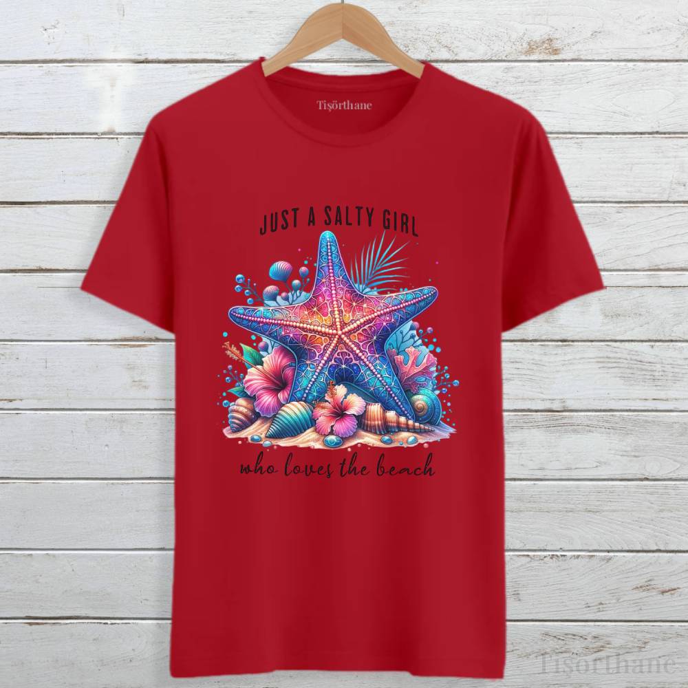 Renkli Denizyıldızı Tasarımlı Salty Girl Tişört