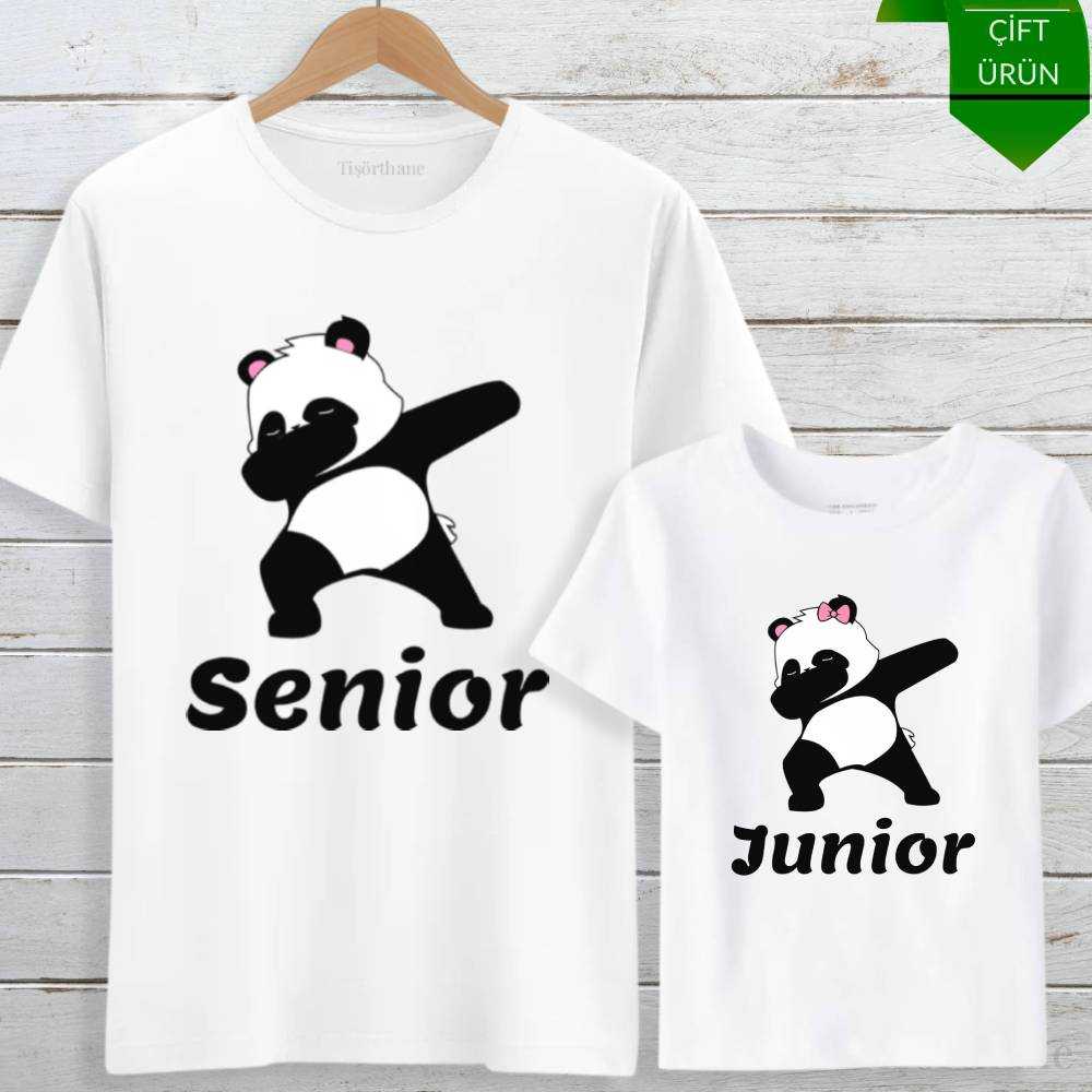 Senior & junior Panda Tasarımlı Baba Kız Tişört Kombini