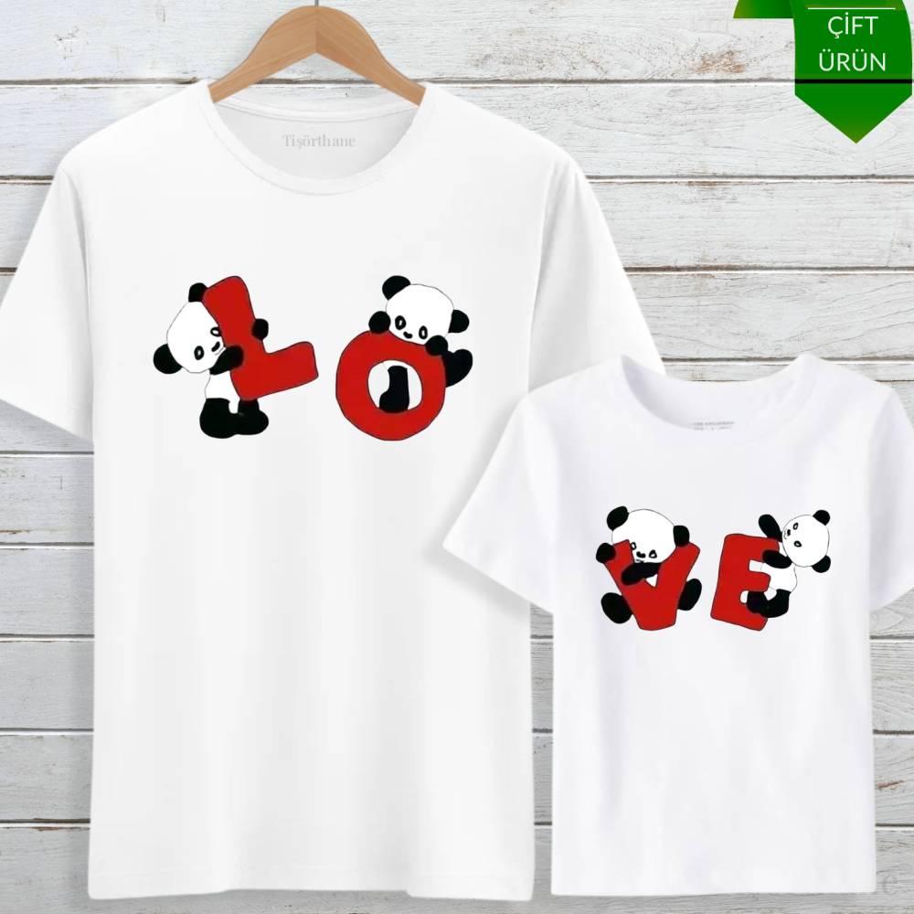 Sevimli Panda Love Tasarımlı Anne Kız Tişört Kombini