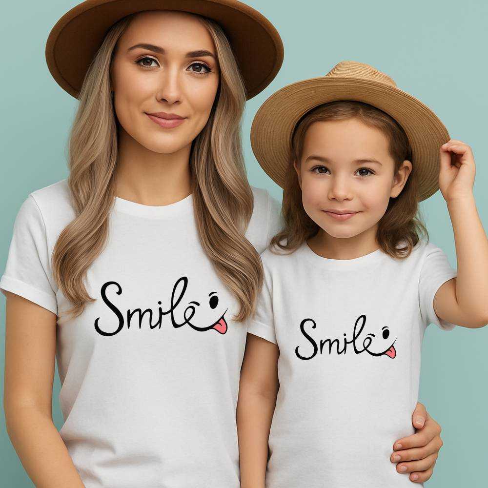 Smile Tasarımlı Mutlu Anne Kız Tişört Kombini