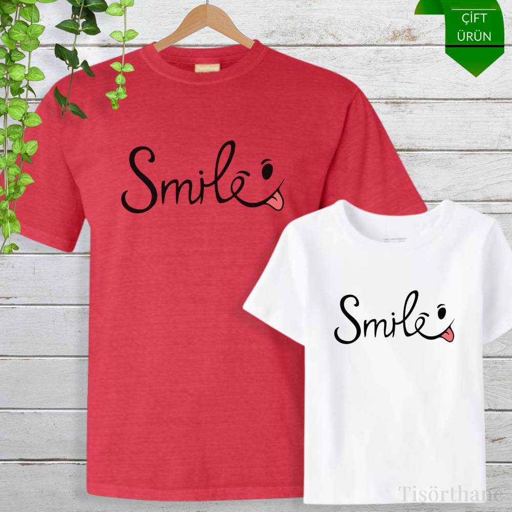 Smile Tasarımlı Mutlu Anne Kız Tişört Kombini