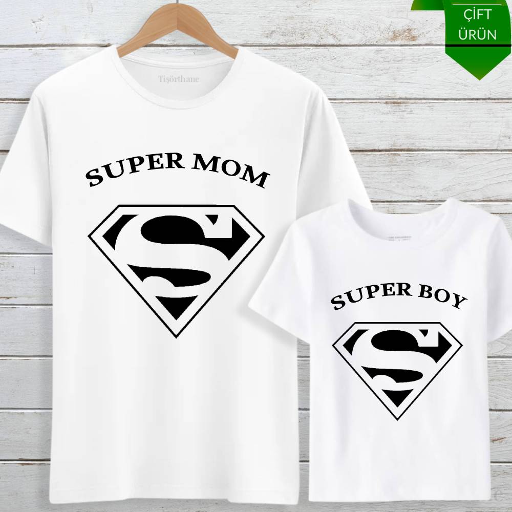 Super Mom, Super Boy Tasarımlı Anne Oğul Tişört Kombini