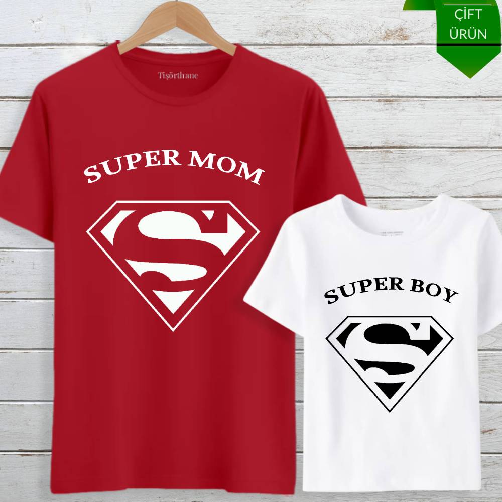Super Mom, Super Boy Tasarımlı Anne Oğul Tişört Kombini