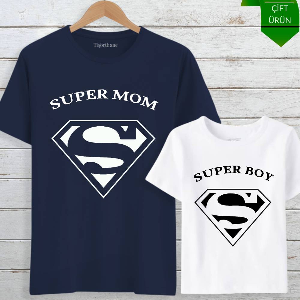Super Mom, Super Boy Tasarımlı Anne Oğul Tişört Kombini