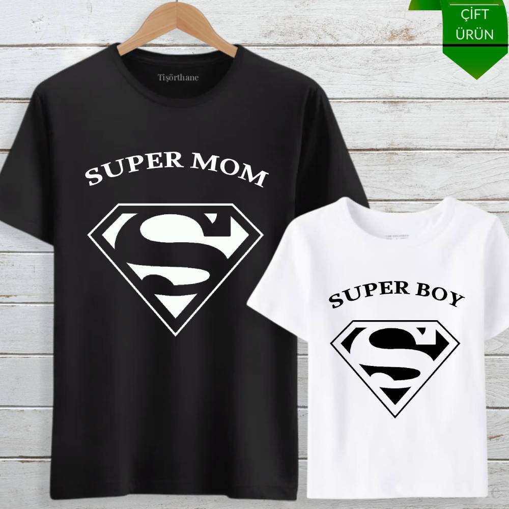 Super Mom, Super Boy Tasarımlı Anne Oğul Tişört Kombini