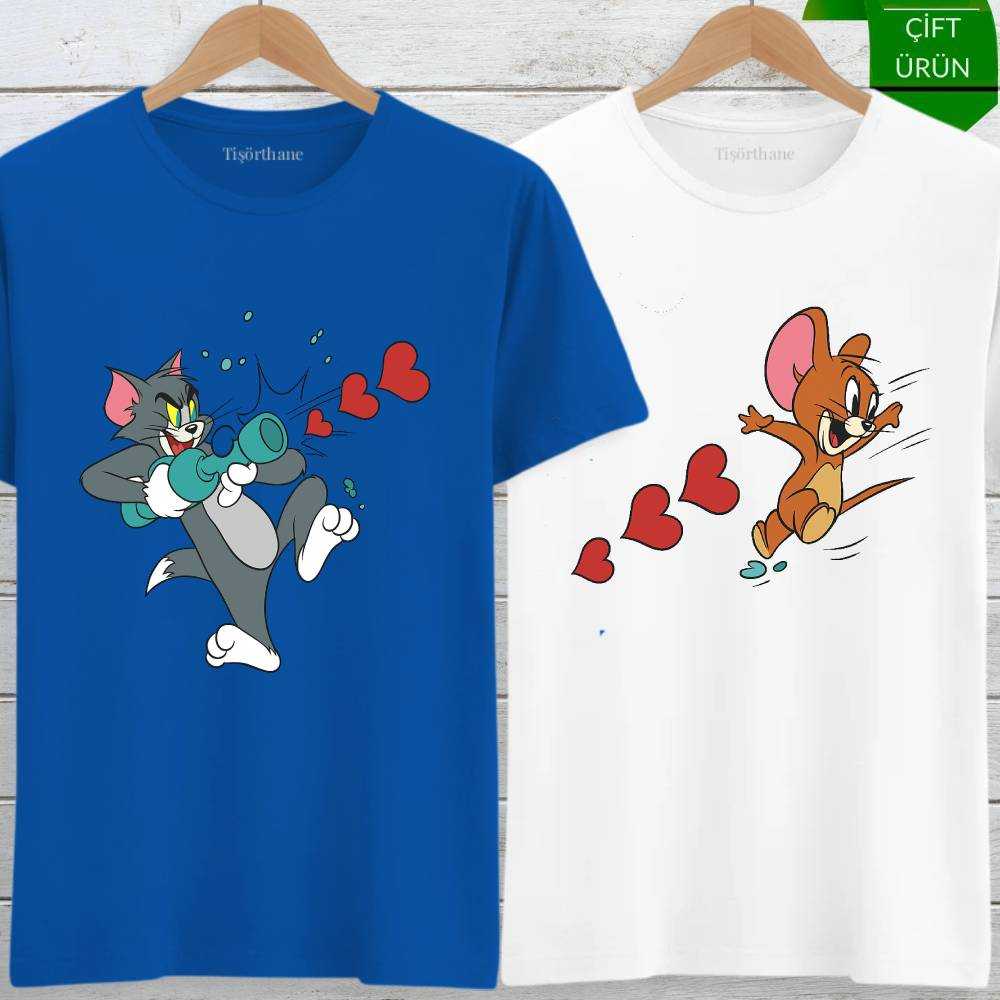 Tom ve Jerry Aşk Bombardımanı Tasarımlı Sevgili Tişört Kombini