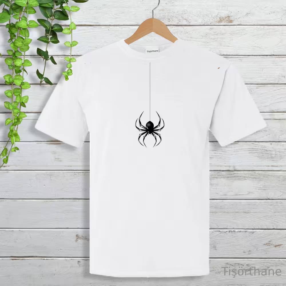 Yakadan Sallanan Örümcek Baskılı Minimalist Tişört